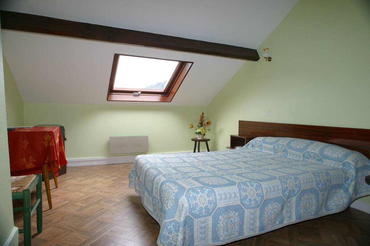 A bedroom with a sloped ceiling, a skylight, a bed with a patterned bedspread, a small table with a red tablecloth, and a chair.