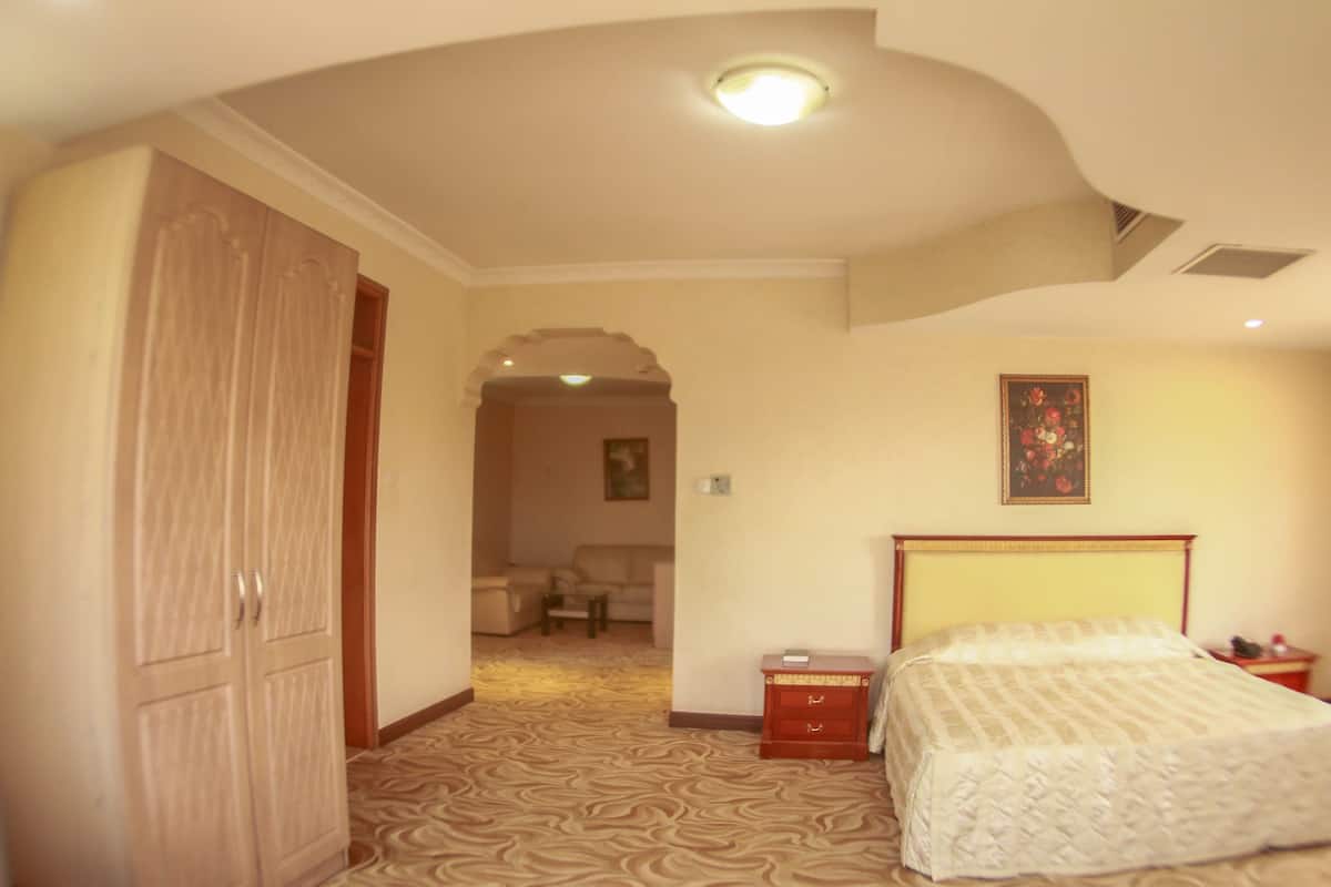 A hotel room with a bed, a nightstand, a wardrobe, and a hallway leading to a living area.