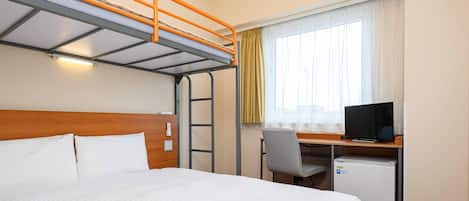 Down duvets, desk, laptop workspace, blackout curtains