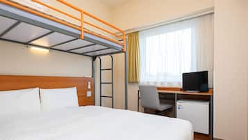 Down duvets, desk, laptop workspace, blackout curtains