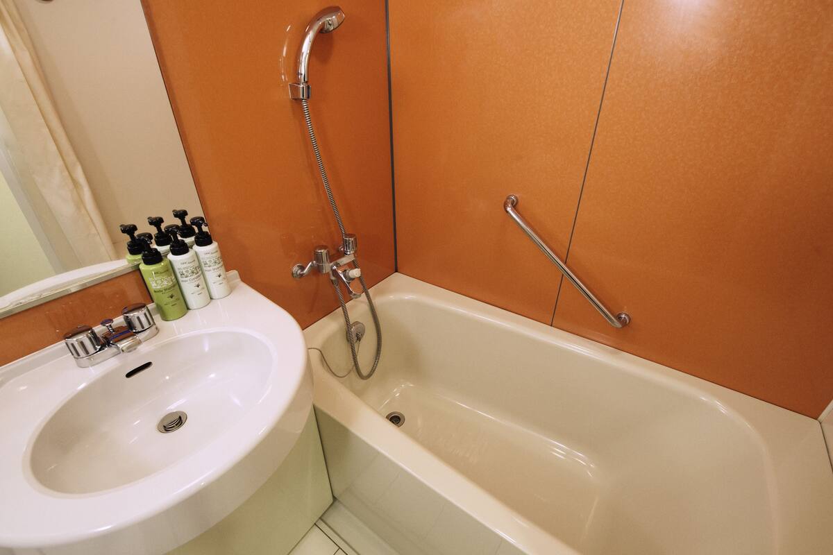 combined shower/bathtub, free toiletries, hair dryer, slippers