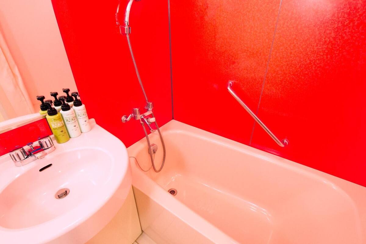 combined shower/bathtub, free toiletries, hair dryer, slippers