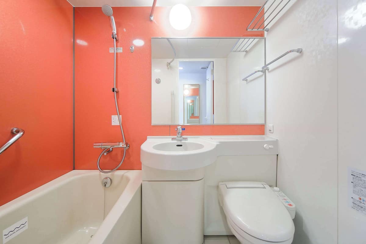 combined shower/bathtub, free toiletries, hair dryer, slippers