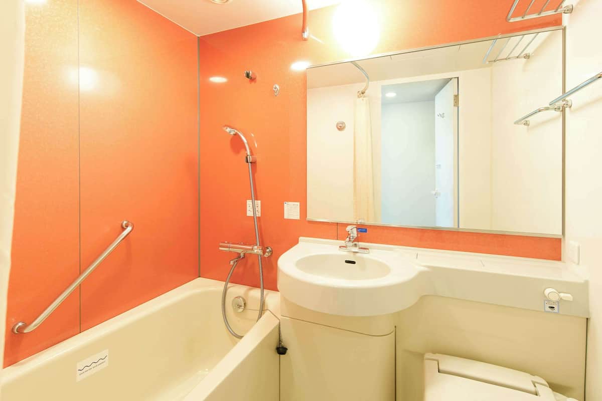 combined shower/bathtub, free toiletries, hair dryer, slippers