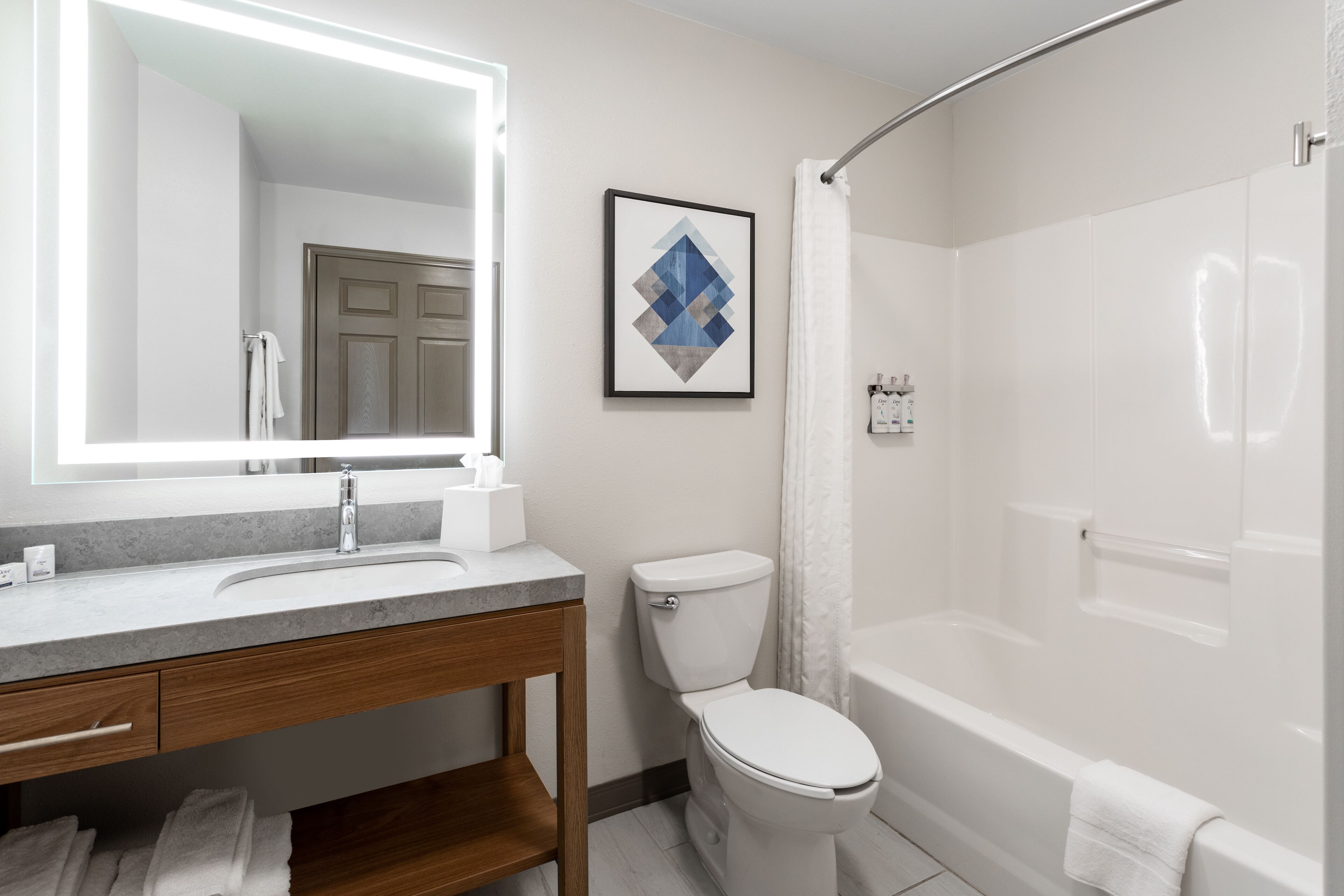 combined shower/bathtub, hair dryer, towels