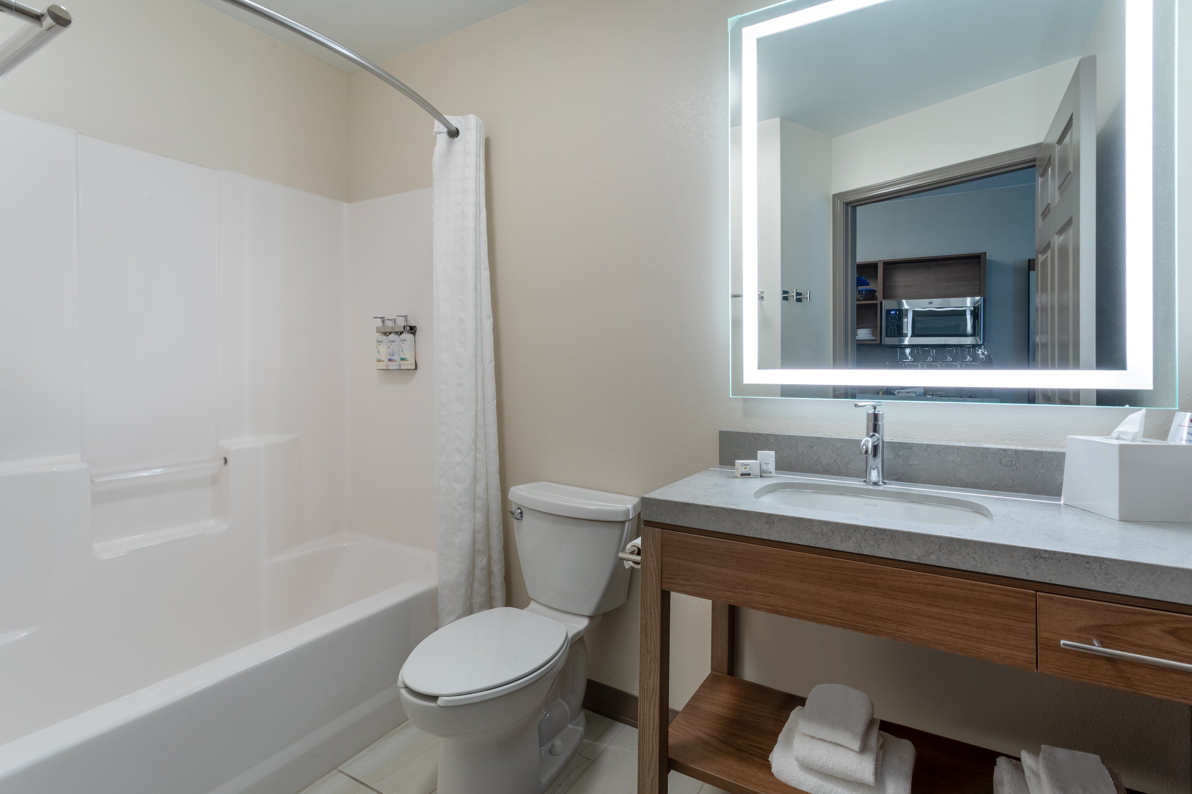 combined shower/bathtub, hair dryer, towels