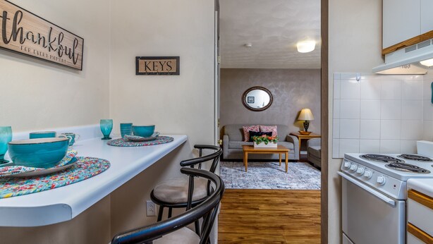 Eine kompakte Küche mit Herd, ein Essbereich mit Stühlen und Tisch sowie eine kleine Sitzecke mit Sofa und Lampe.