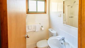 Een badkamer met toilet, wastafel en raam.