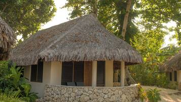 A thatched-roof hut with a stone base, surrounded by tropical vegetation.