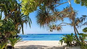 A beach with palm trees and a clear blue sky. - The Beach (Port Vila)