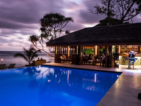 Outdoor pool, pool umbrellas, pool loungers