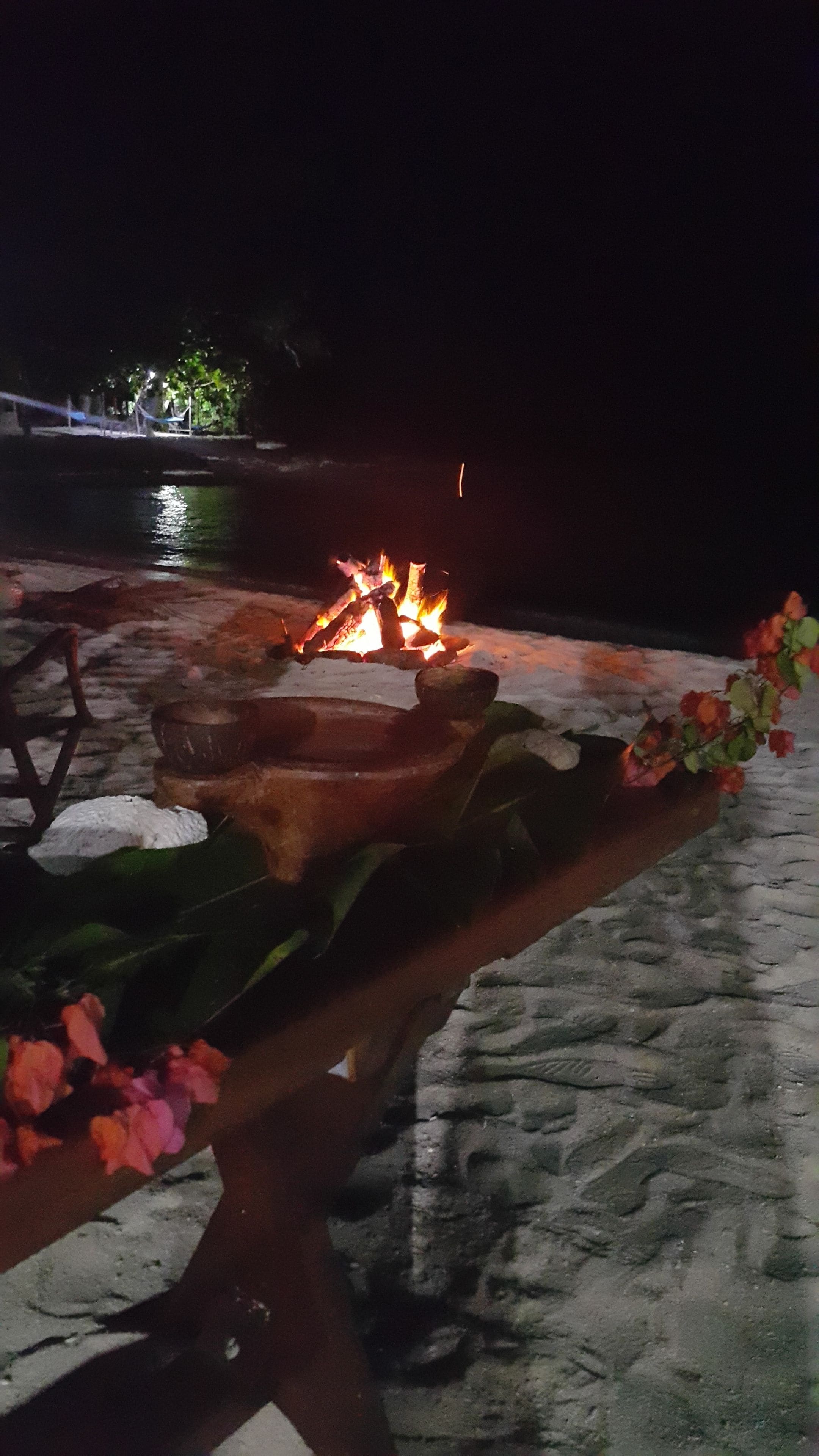 A nighttime outdoor setting with a fire pit surrounded by a table and chairs, a decorative plant, and a body of water in the background.