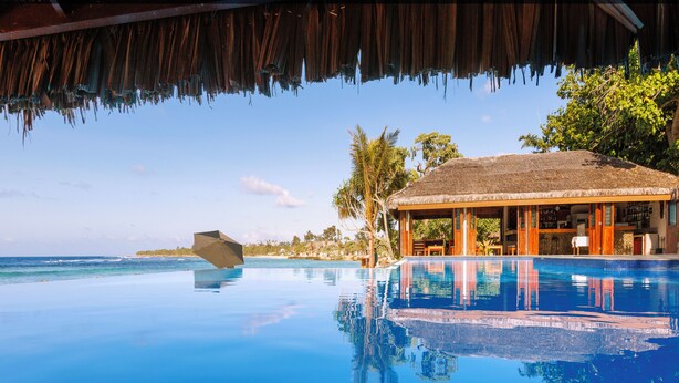 An infinity pool with a view of the ocean, a thatched-roof structure, and palm trees. - The Beach (Port Vila)
