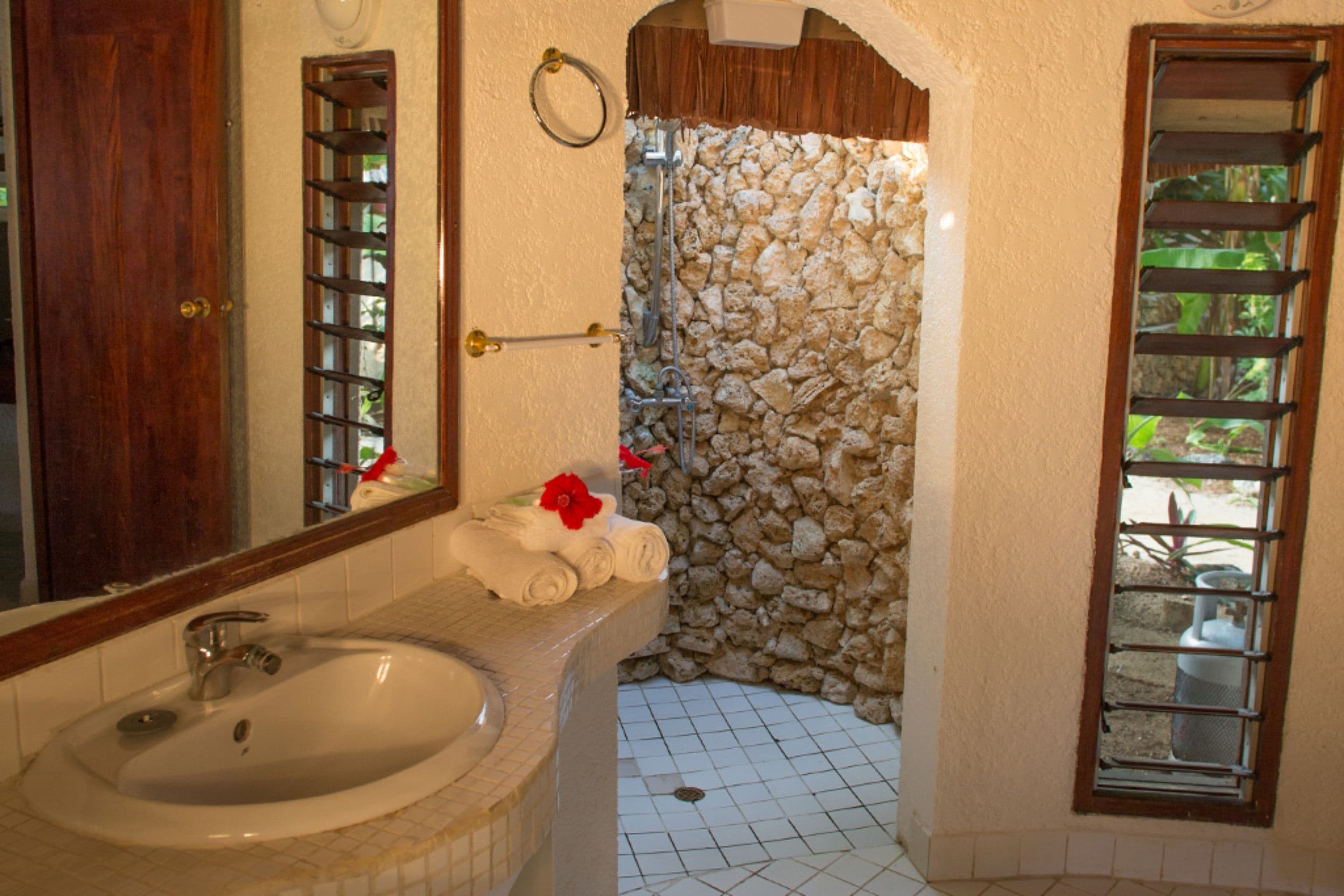 Un baño con ducha de piedra, lavamanos y espejo.