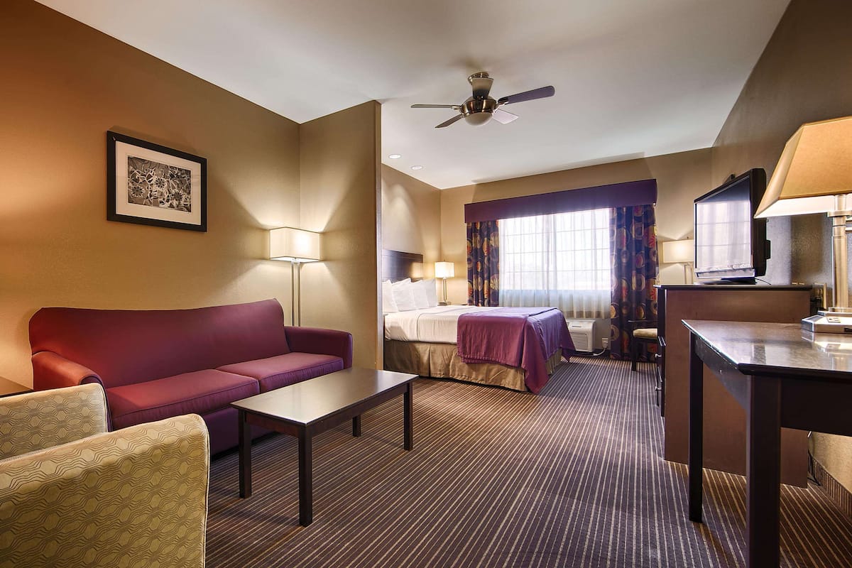A hotel room with a sofa, a bed, a desk, a lamp, a ceiling fan, and a framed picture on the wall.