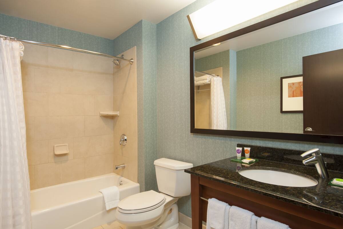 designer toiletries, hair dryer, towels, soap