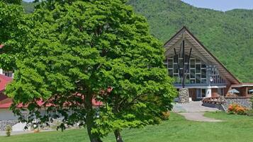 A lodge with a large tree in front, a mountain backdrop, and a modern building with a triangular roof.