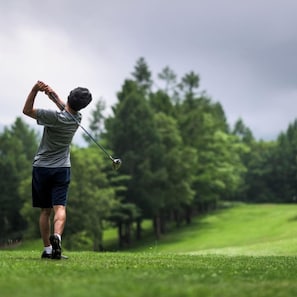 Una persona jugando golf en un campo con árboles al fondo.