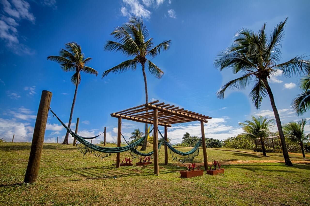 Una hamaca bajo una pérgola de madera rodeada de palmeras.