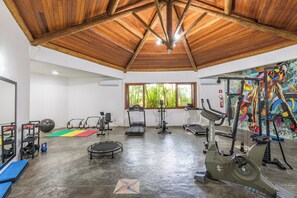 Work out in style with treadmills, stationary bikes, and free weights.