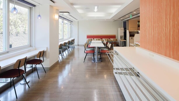 Un comedor moderno con mesas largas, sillas, ventanas amplias y una pared decorativa de madera.