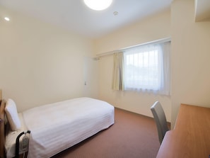 Habitación de hotel con una cama individual, una mesita de noche, una silla, una ventana con cortinas y una puerta.
