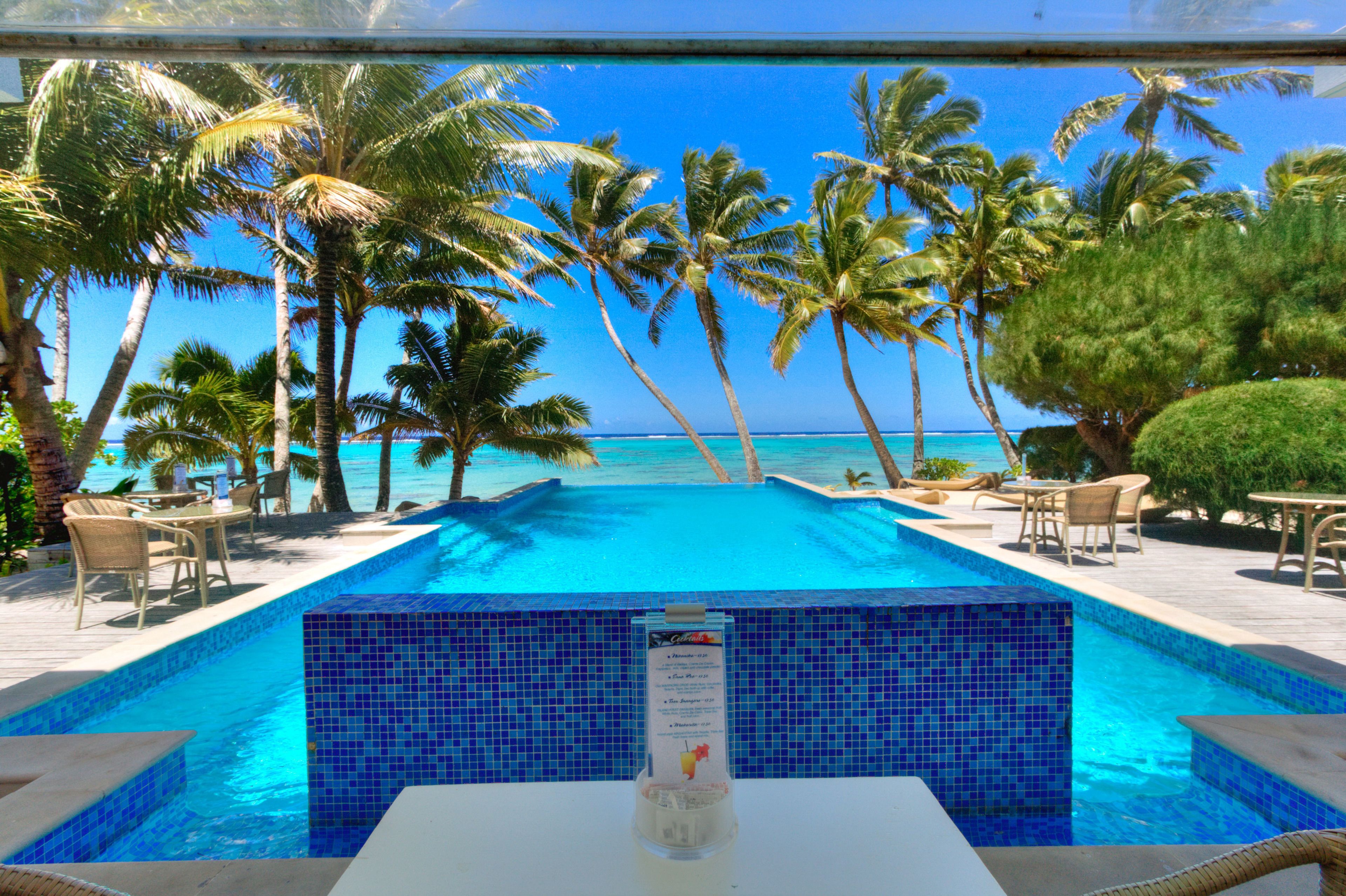 Outdoor pool, pool umbrellas, pool loungers