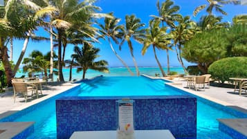 Outdoor pool, pool umbrellas, pool loungers