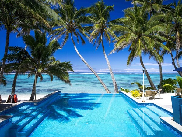 Outdoor pool, pool umbrellas, pool loungers