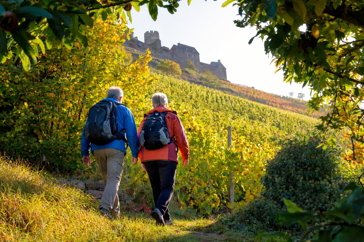Two people walking on a path surrounded by greenery and a castle in the background.