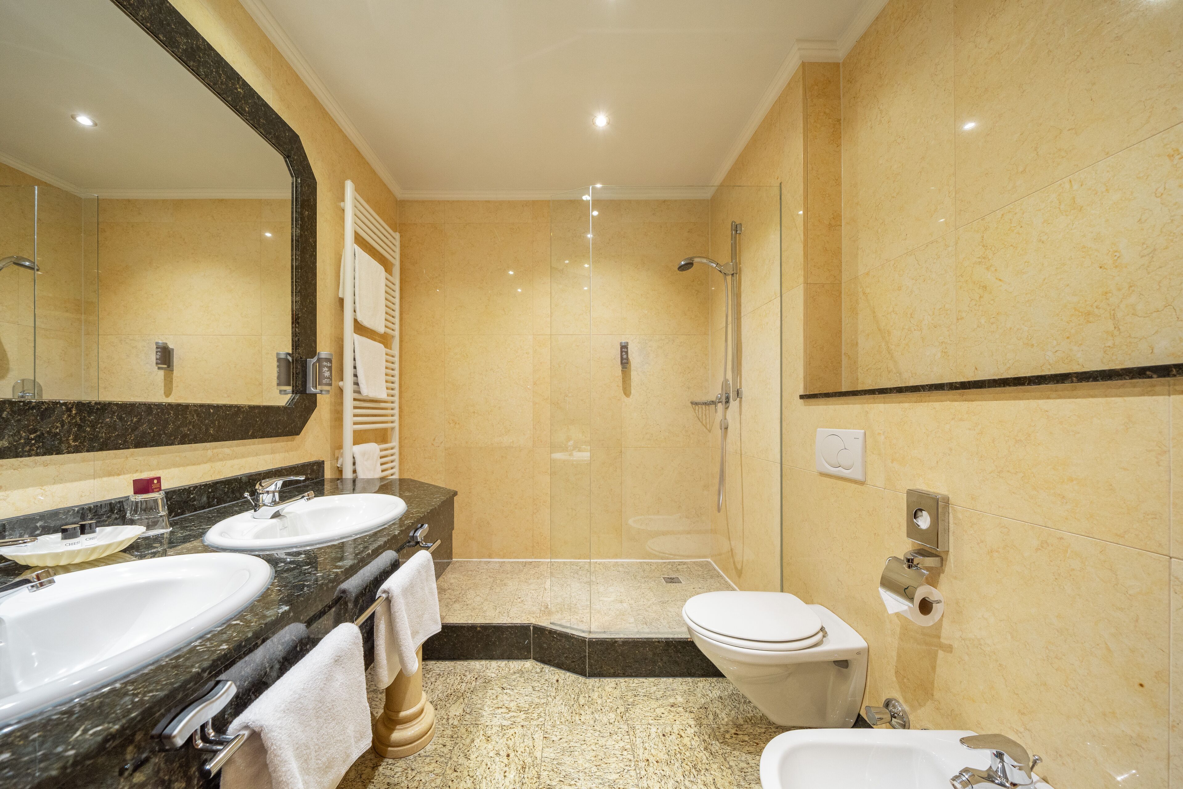 A modern bathroom with two sinks, a toilet, and a glass-enclosed shower.