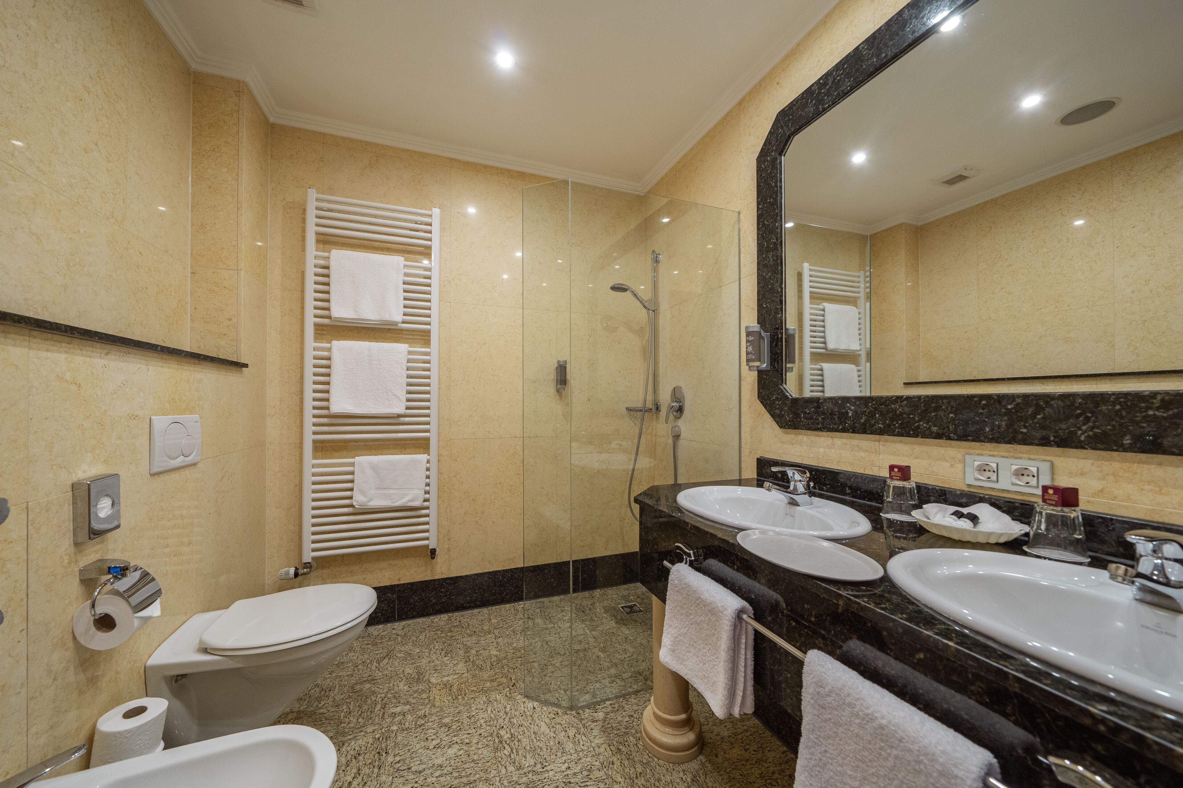 A modern bathroom with two sinks, a toilet, a shower, and a large mirror.