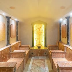Een sauna, een bubbelbad, lichaamsbehandelingen, body scrubs