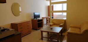 Executive-stúdíóíbúð - einkabaðherbergi | Stofa | Sjónvarp