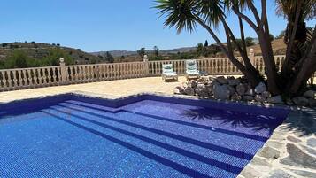 Outdoor pool, pool umbrellas, pool loungers