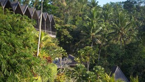 Un resort con varias construcciones tipo bungalow rodeado de exuberante vegetación tropical.