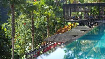 Zona de piscina con una tumbona y una sombrilla, rodeada de palmeras y follaje tropical.