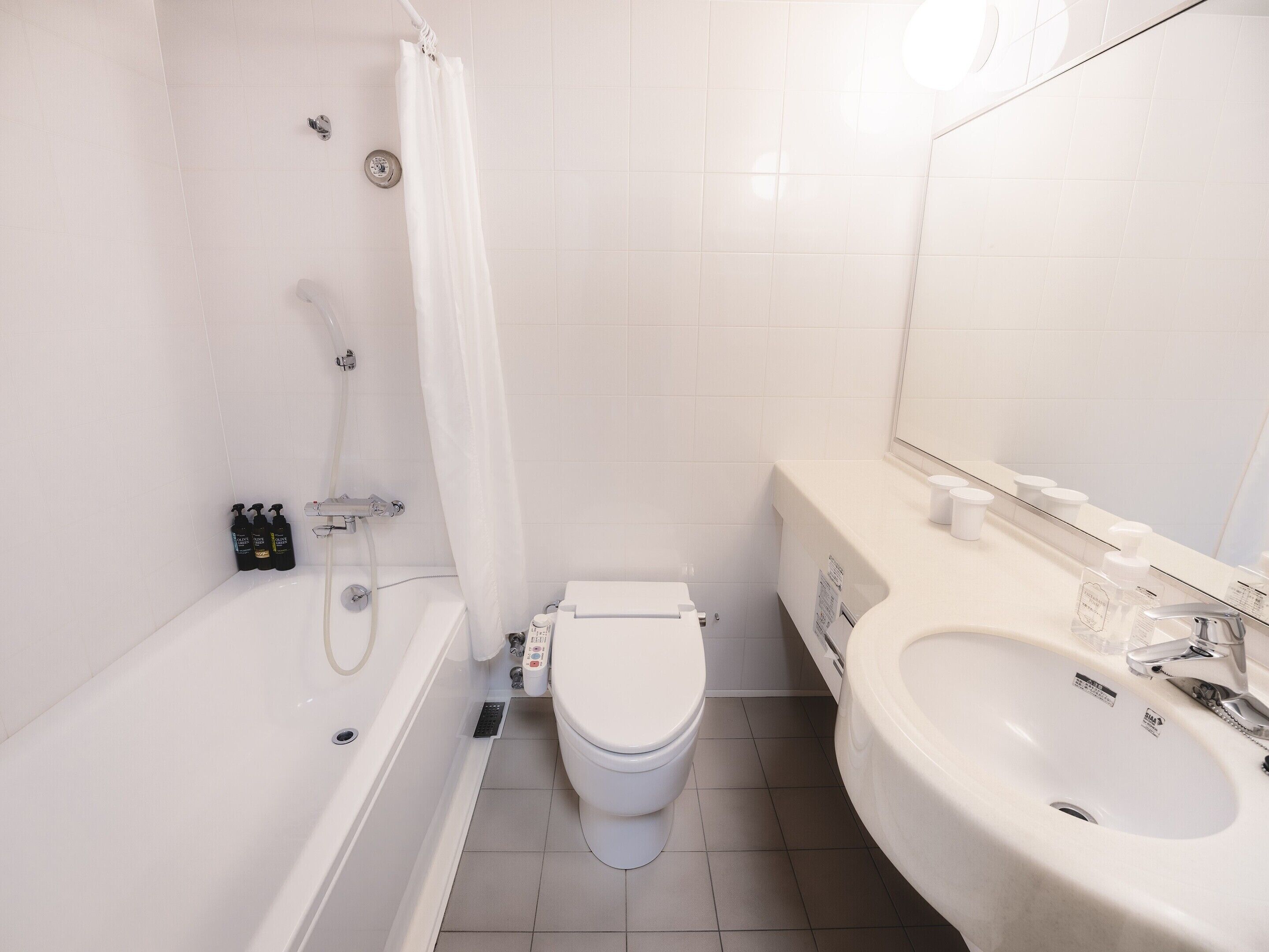 combined shower/bathtub, free toiletries, hair dryer, slippers