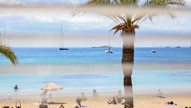Una playa con palmeras, gente tomando el sol y barcos en el agua.