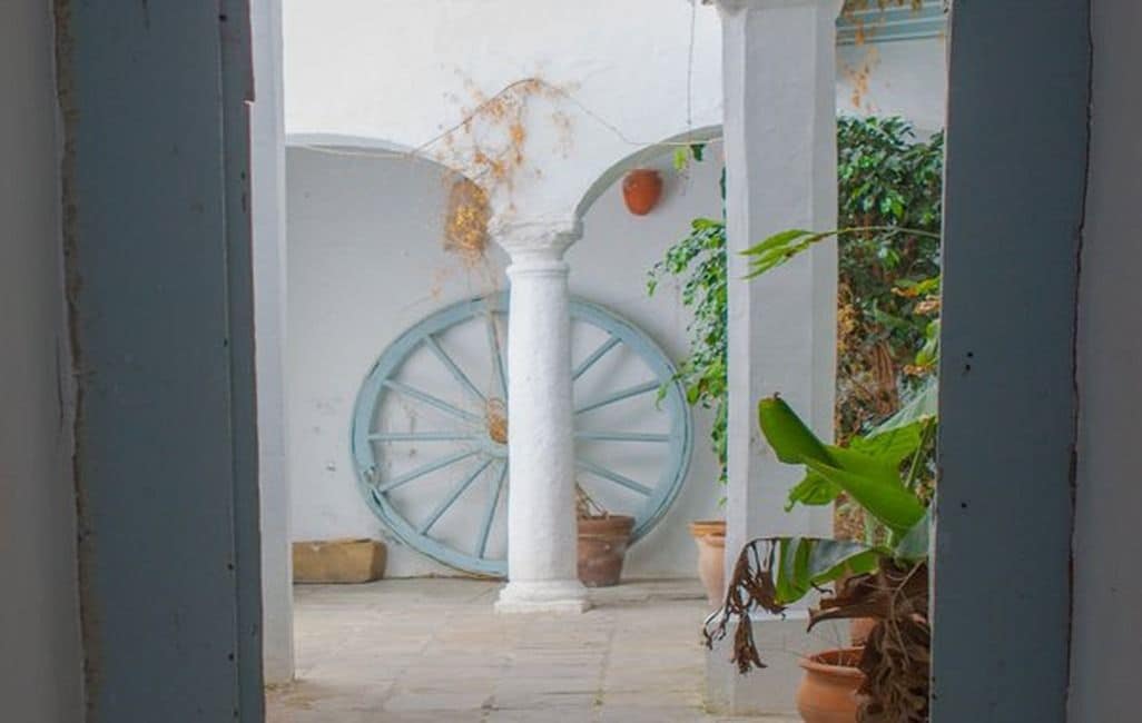 Un patio con una columna blanca, una rueda azul y plantas en macetas.