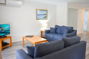 40-inch flat-screen TV with cable channels, LCD TV, streaming services