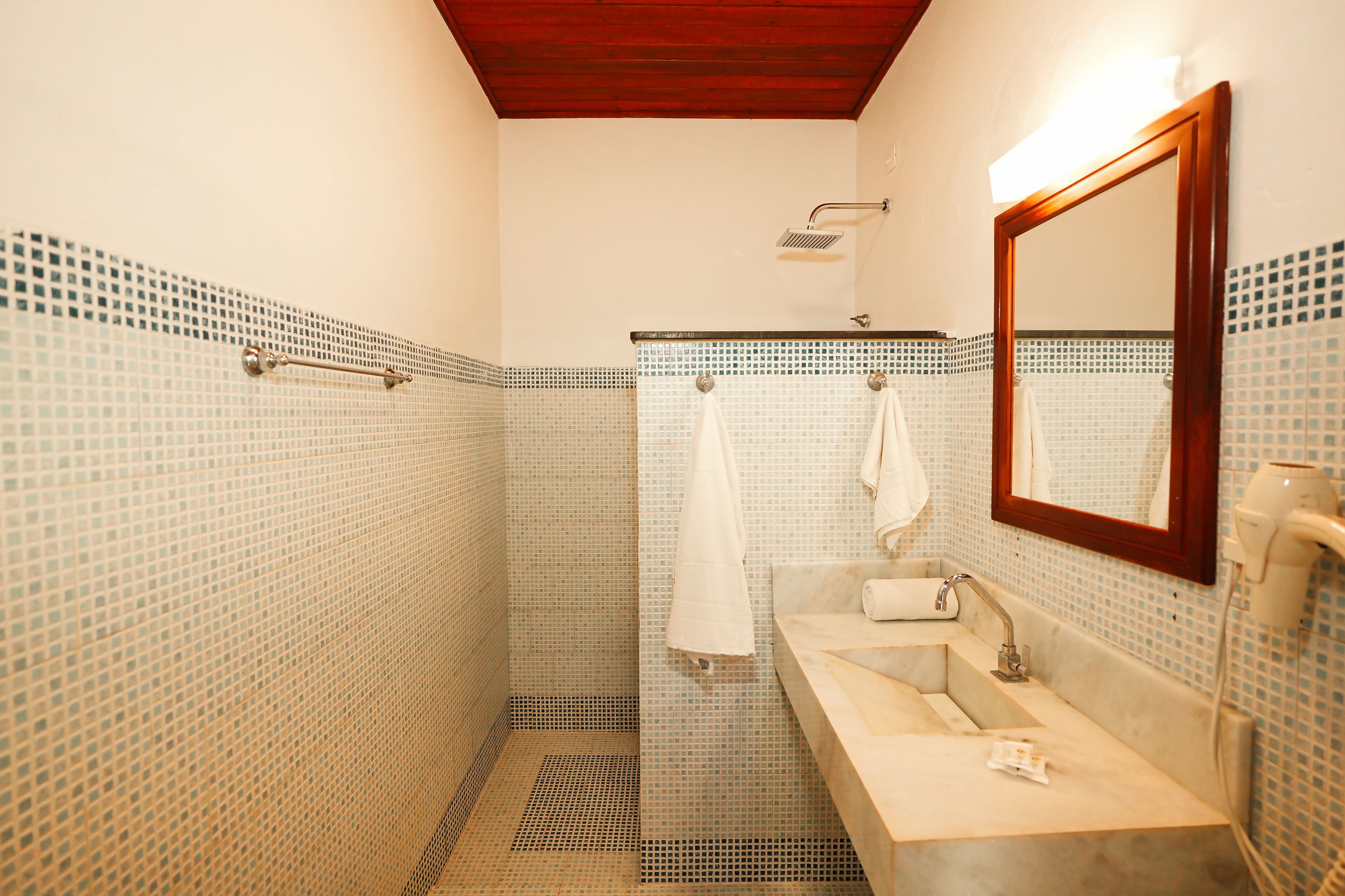 Un baño con ducha, lavabo y espejo.