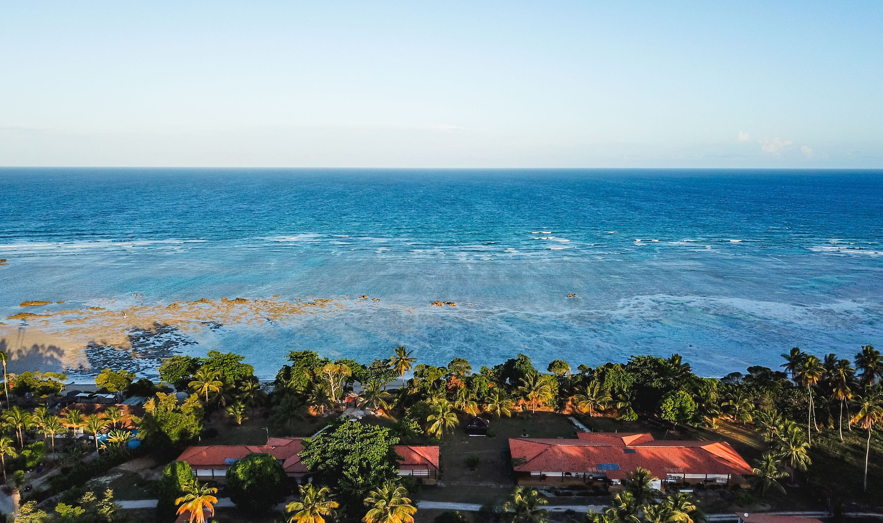 Uma área costeira com vista para o oceano, rodeada por palmeiras e edifícios com telhados vermelhos.