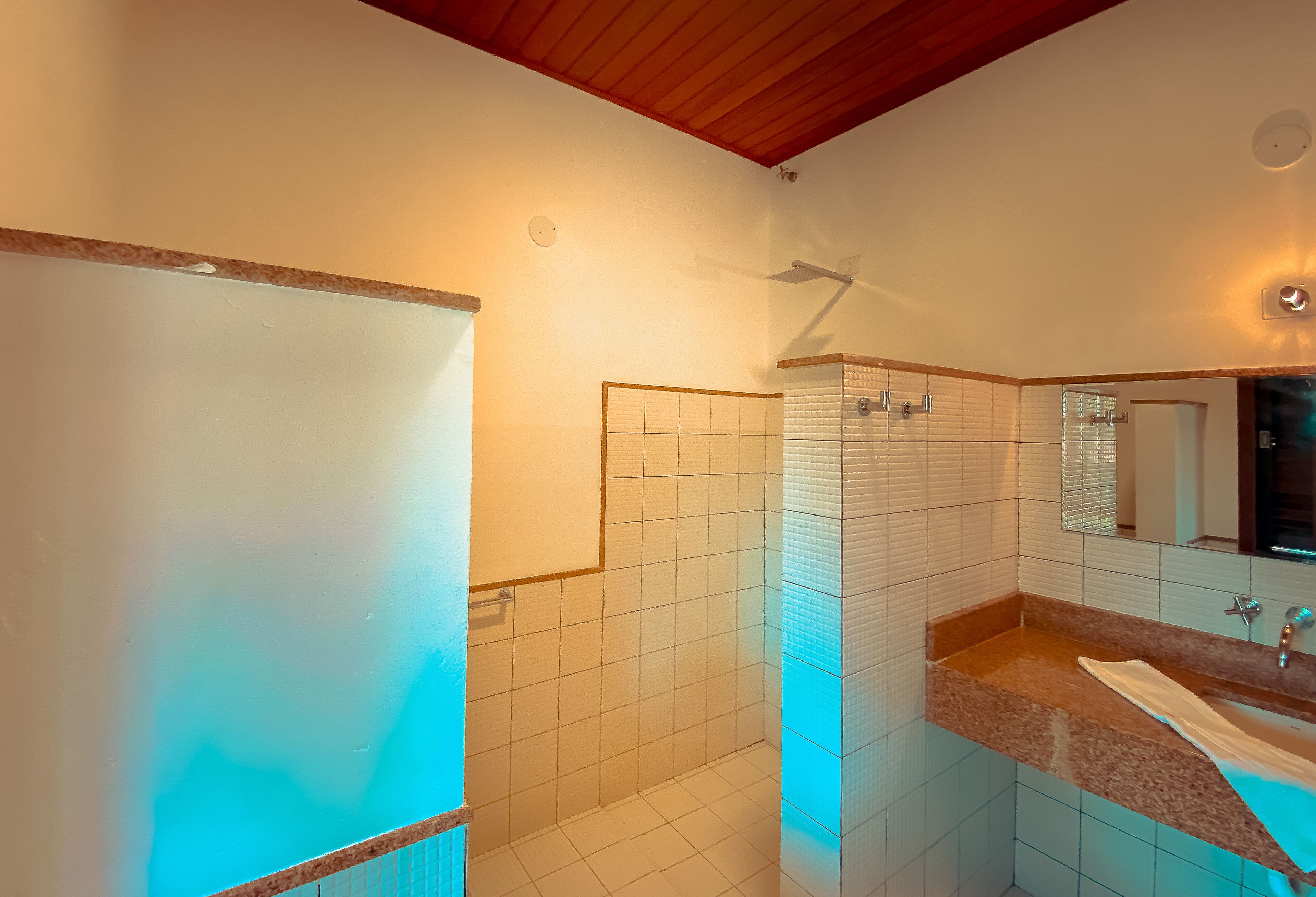A bathroom with a shower, a sink, and a mirror.