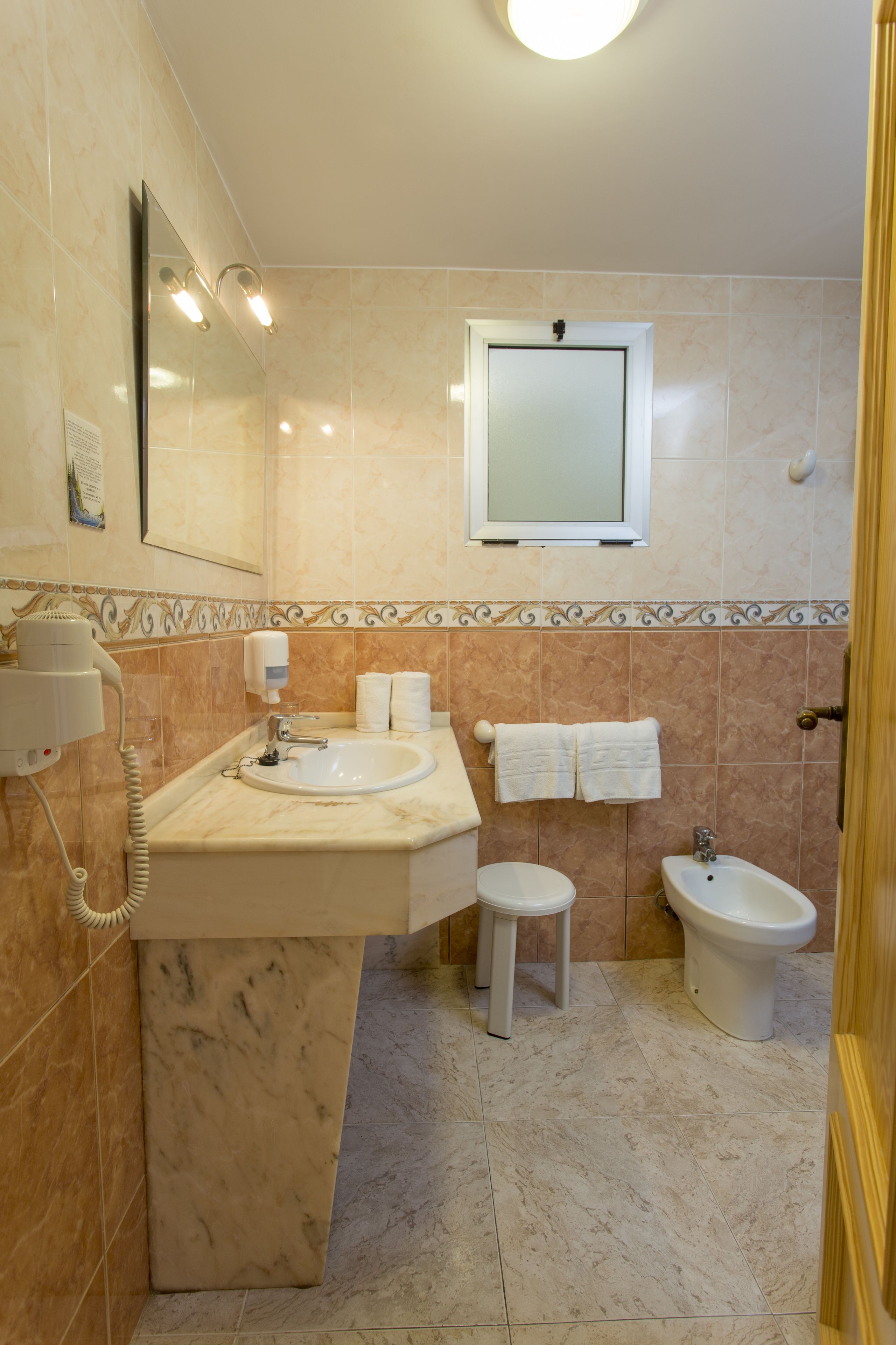 Baño con lavamanos, espejo, toallero, inodoro, bidé y secador de pelo.