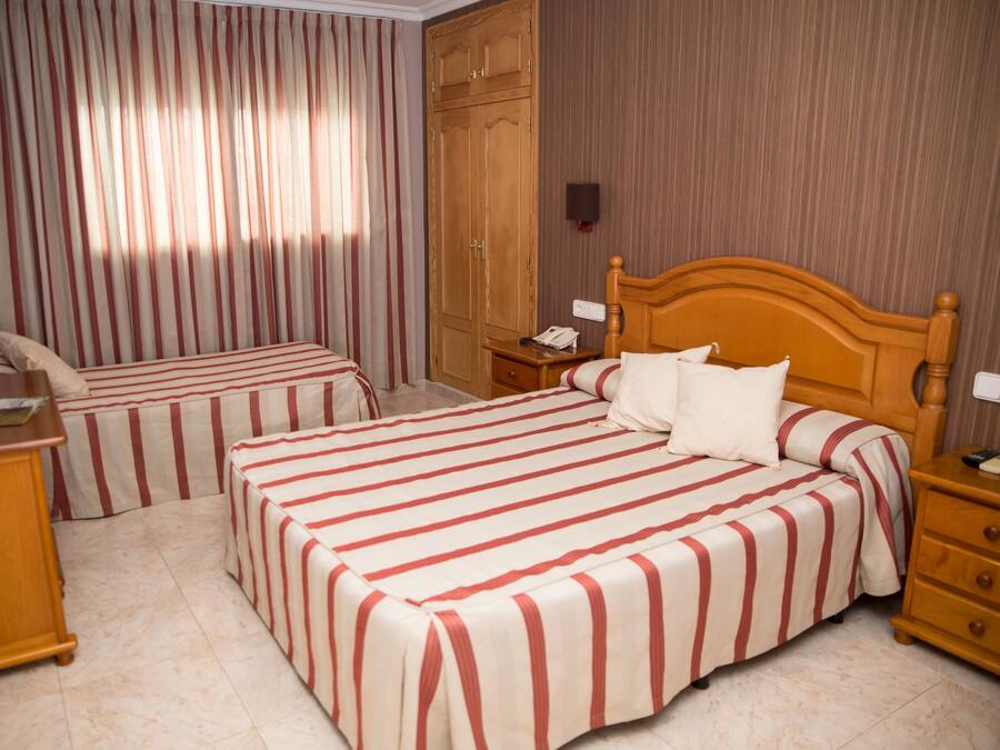 A hotel room with two beds, a wooden wardrobe, a bedside table with a lamp, and a potted plant.