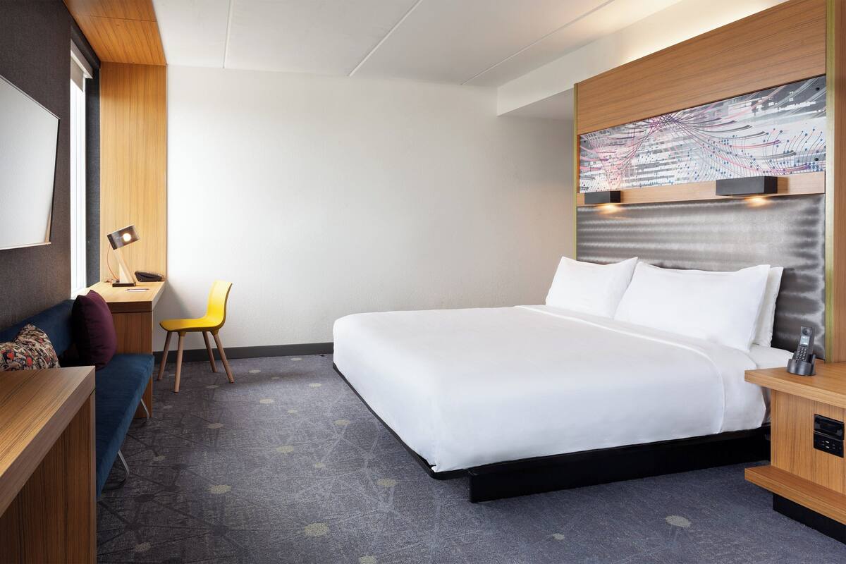 A hotel room with a large bed, a desk, a chair, and a wall-mounted TV.