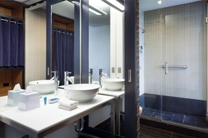 Regadera, amenidades de baño de diseñador, secadora de cabello, toallas 