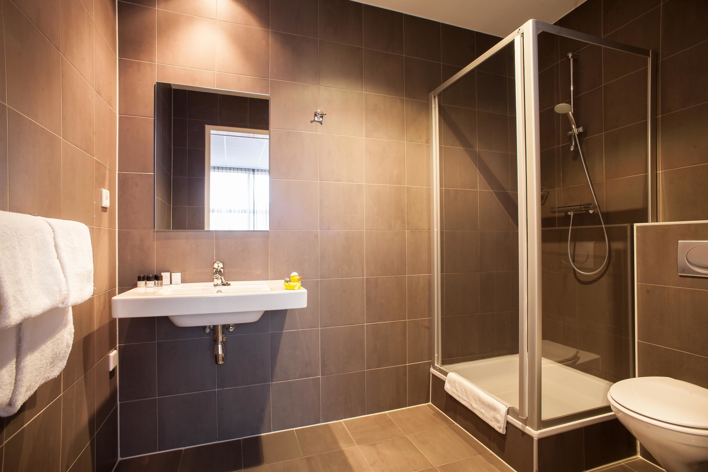 shower, free toiletries, hair dryer, towels