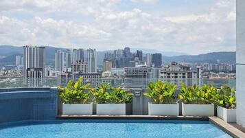 A rooftop pool with a cityscape view, potted plants, and a tiled floor.